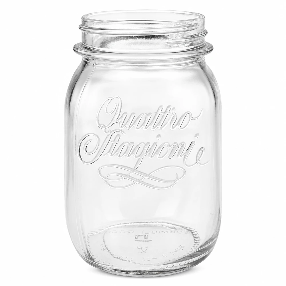 Copo redondo de 500ml "Quattro Stagioni" QS70mm Frasco de conserva Quattro Stagioni de 500 ml em vidro transparente com logótipo em relevo sem tampa sobre fundo branco