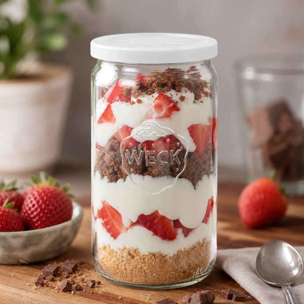 Frasco cilíndrico WECK de 340 ml como frasco de sobremesa com morangos e creme em camadas dispostas de forma decorativa