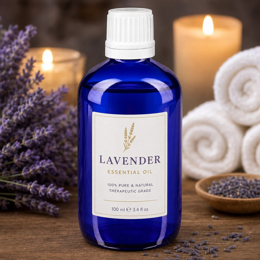 Foto do produto: óleo de lavanda, frasco conta-gotas azul de 20 ml em vidro de farmácia com tampa de segurança para crianças branca