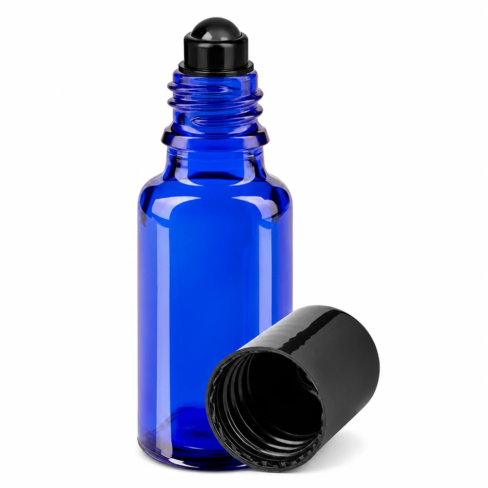 Frasco de farmácia azul 20ml tampa roll-on preto Frasco azul de 20 ml com aplicador de bola, em vidro de farmácia, com aplicador de bola preto e tampa de rosca
