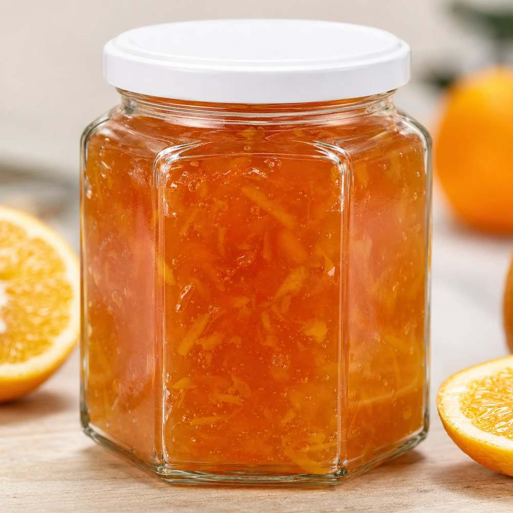 Frasco de mel hexagonal de 400 g cheio de marmelada de laranja mostra em pormenor a qualidade do frasco e a vedação da tampa