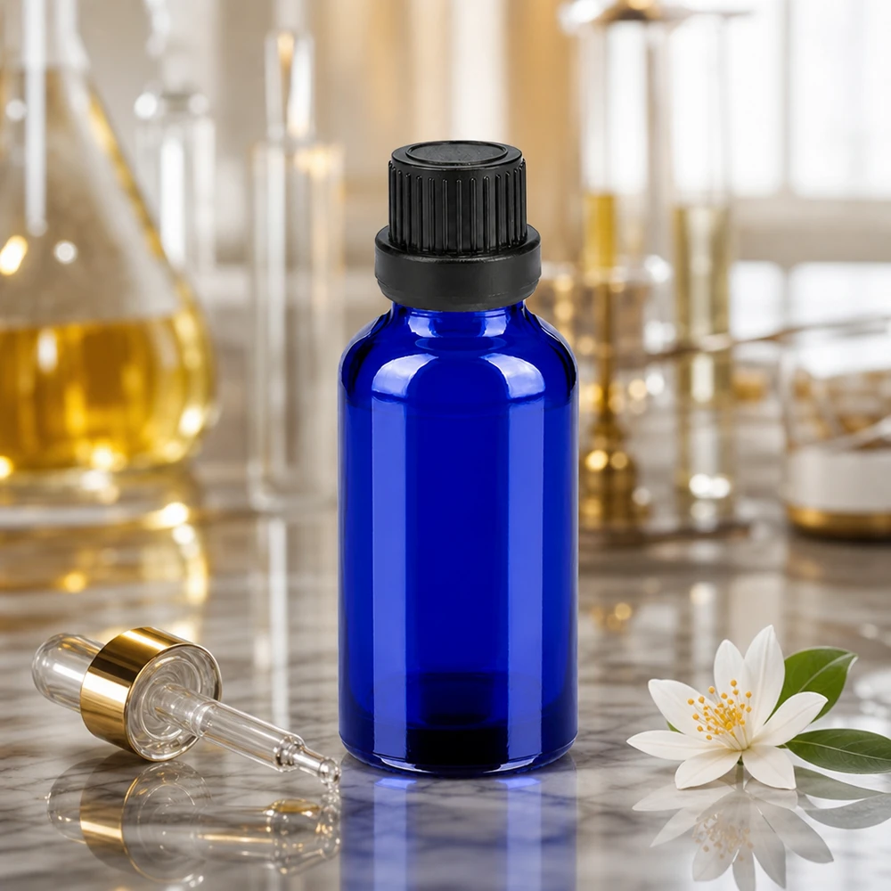 Frasco de vidro azul-cobalto de 30 ml com pipeta conta-gotas para uma dosagem precisa de soros e óleos