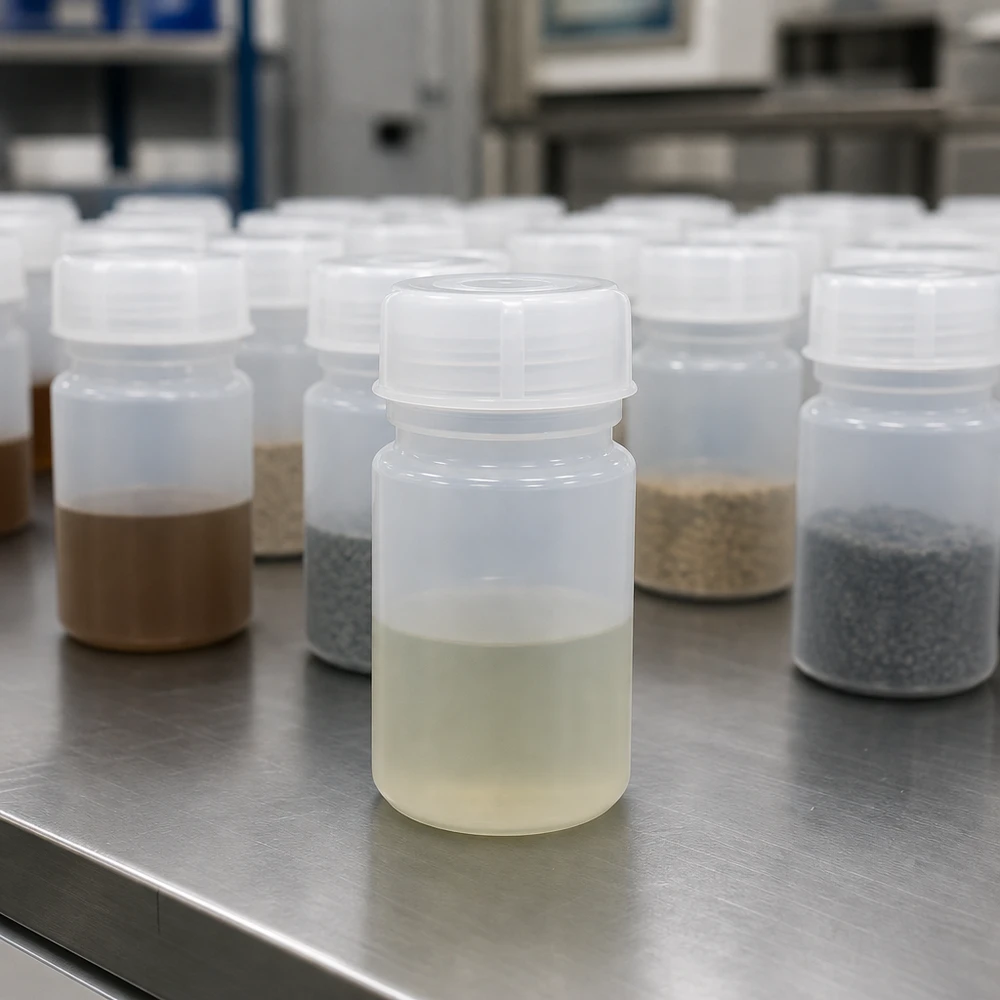 Vários frascos de laboratório de gargalo largo de 50 ml com diversos materiais de enchimento sobre uma mesa de aço inoxidável