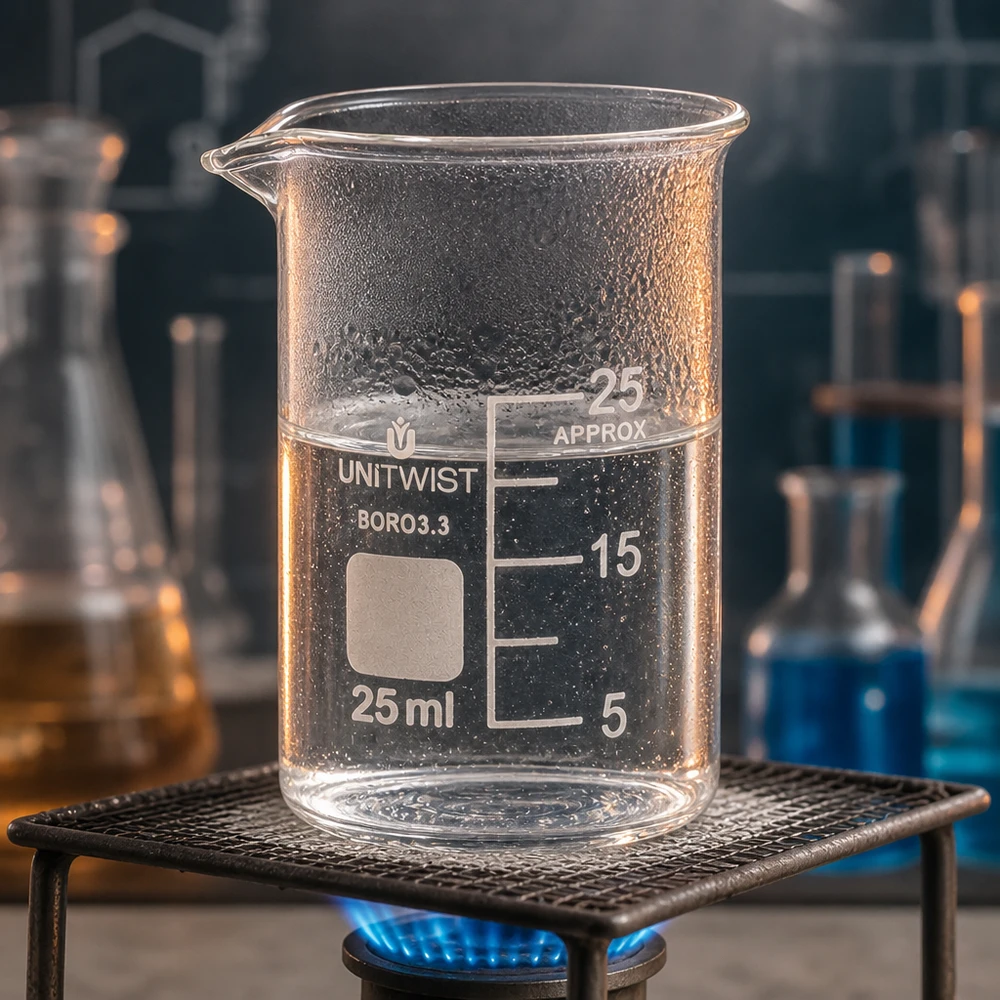 Aquecer em laboratório o copo de vidro UNiTWIST de 25 ml, de borossilicato 3.3, num queimador a gás com tela metálica