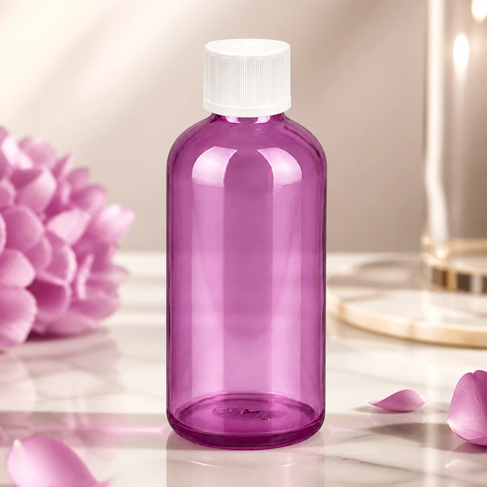 Frasco de vidro roxo de 100 ml com conta-gotas preciso de 1,2 mm para uma dosagem exacta dos produtos de cuidado