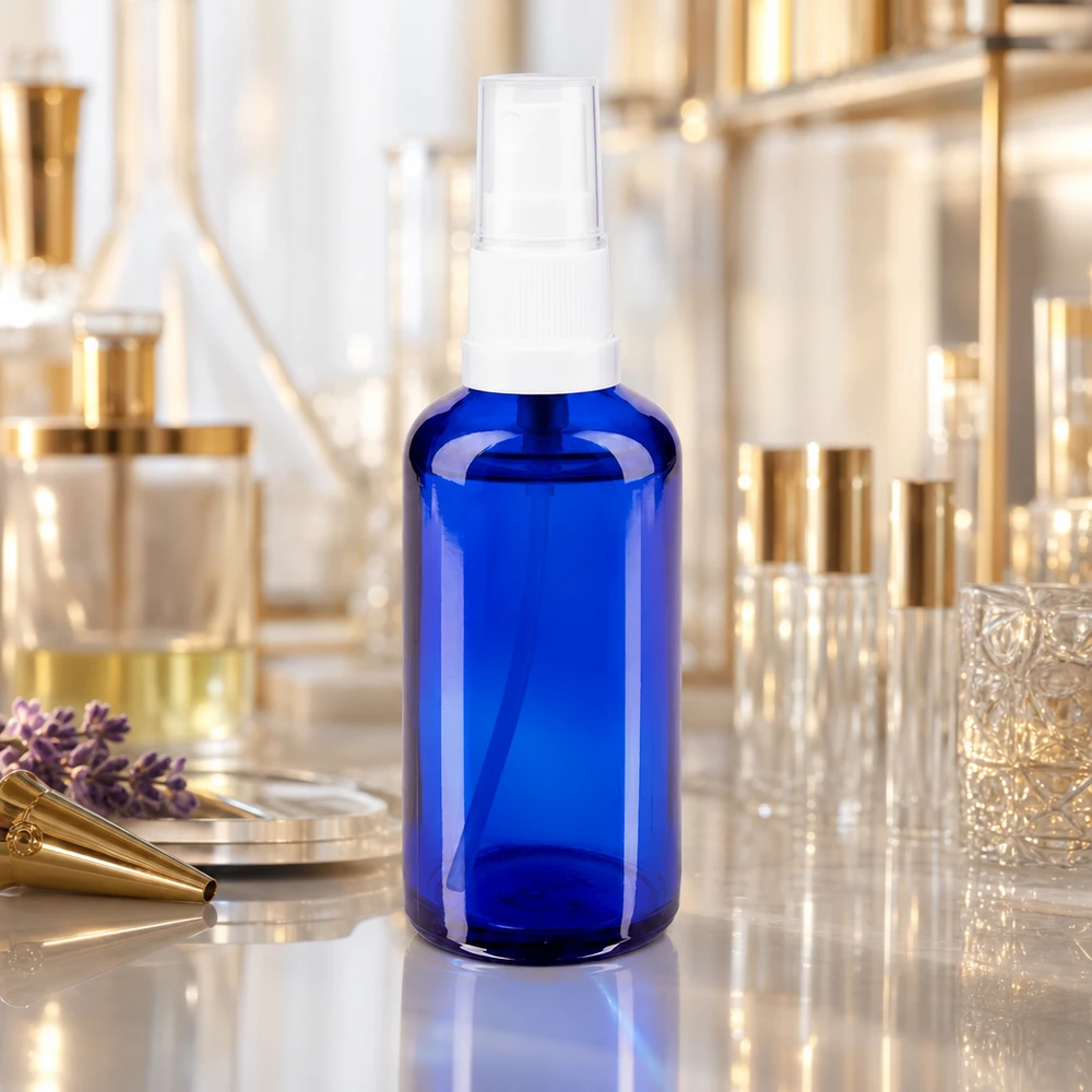 Frasco de vidro de farmácia azul cobalto de 50 ml com pulverizador branco no laboratório de perfumes