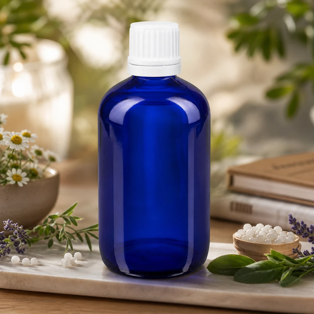 Frasco conta-gotas de farmácia azul cobalto de 100 ml com tampa de segurança para crianças branca, entre ervas medicinais