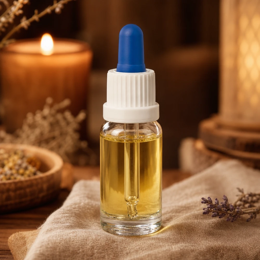 Frasco pipeta de 10ml branco/azul com fecho inviolável ClearLine UT18/10 Frasco conta-gotas para aromaterapia de 10 ml em vidro transparente com uma bola de borracha azul, ao lado de uma vela e ervas