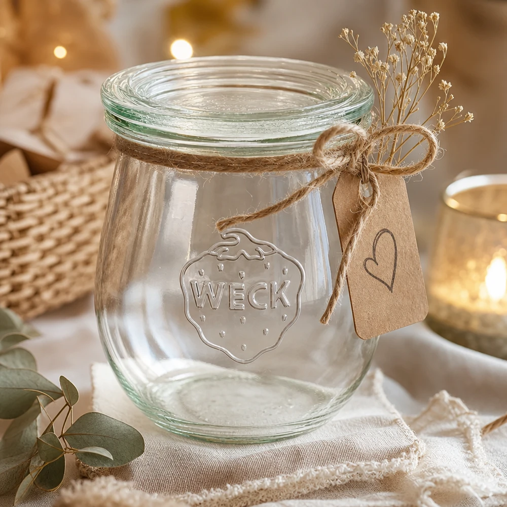 Frasco de tulipas WECK 220ml RR60 decorativo com fio de juta, etiqueta de papel kraft e flores secas como ideia de presente