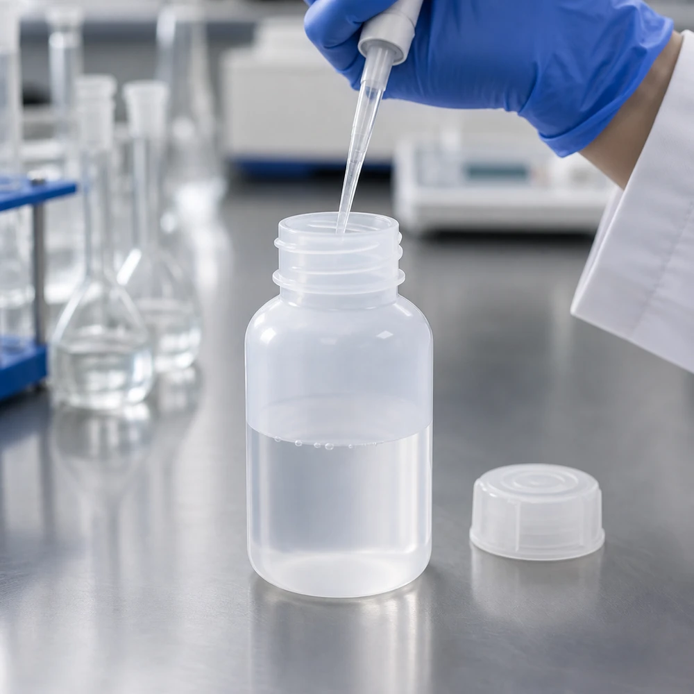 Frasco de laboratório de 100 ml com gargalo largo e tampa de rosca Frasco de laboratório de 100 ml, de gargalo largo e com tampa de rosca, para pipetagem precisa em laboratório