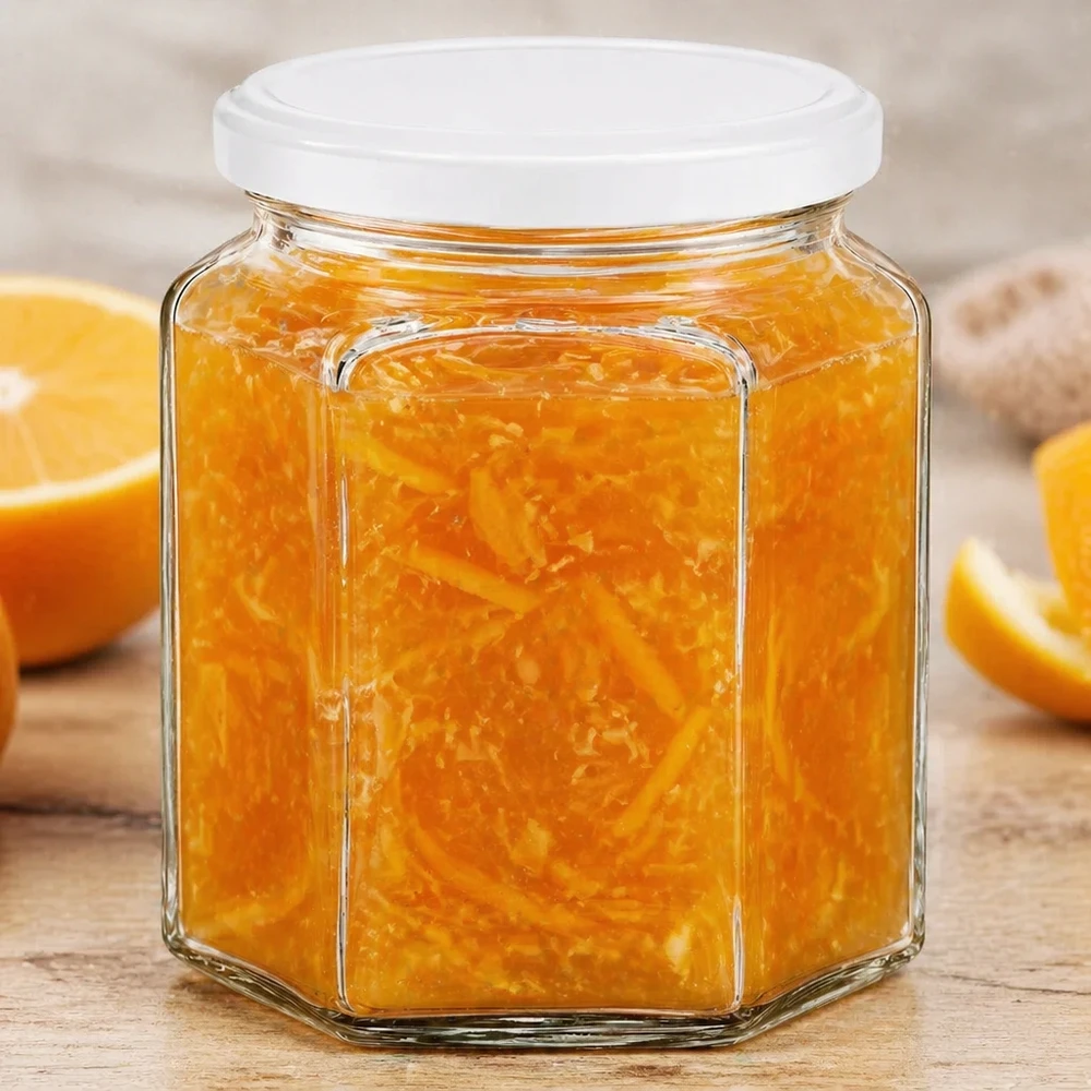 400g Honigglas mit weißem Deckel BasicSeal UNiTWIST Frasco de mel hexagonal de 400 g cheio de marmelada de laranja junto a fatias de laranja frescas numa base de madeira rústica