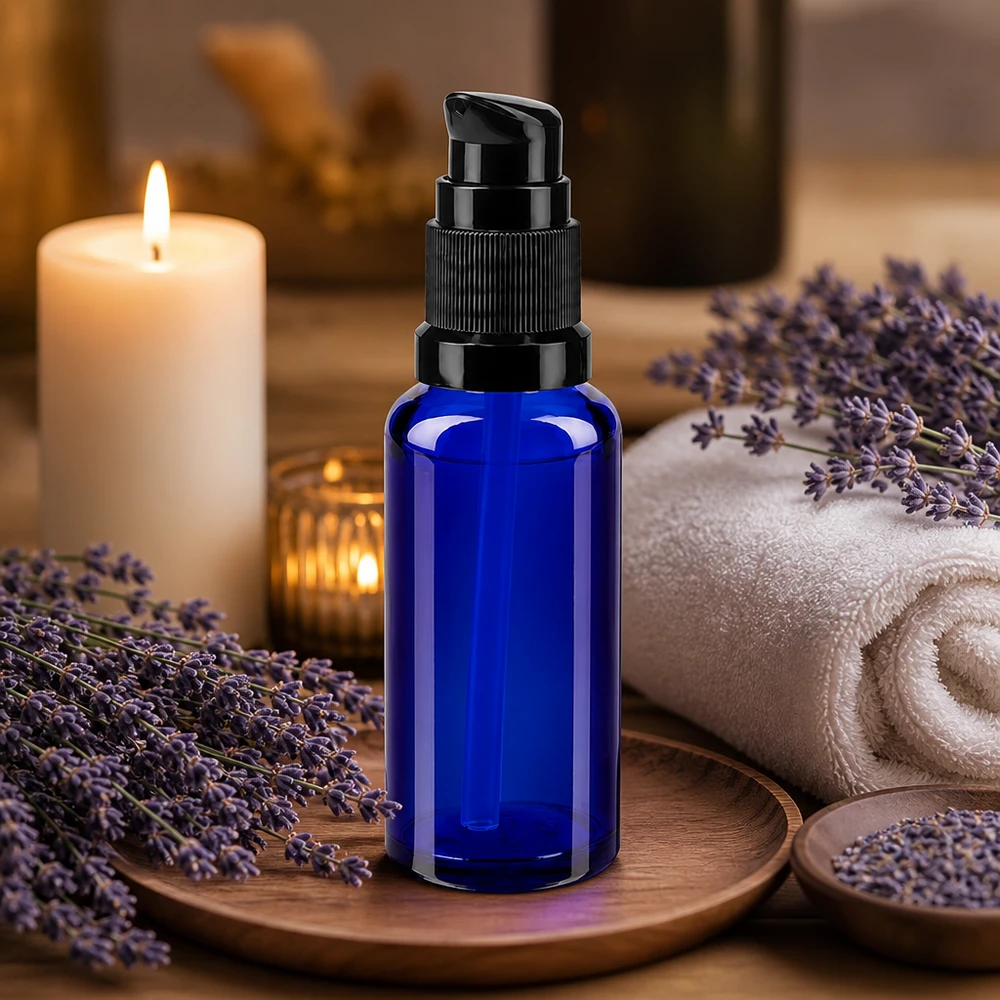 Frasco de farmácia azul 30ml tampa da bomba preto padrão Frasco com bomba de 30 ml em vidro de farmácia, azul cobalto, com cabeça de bomba preta e decoração em tom de lavanda