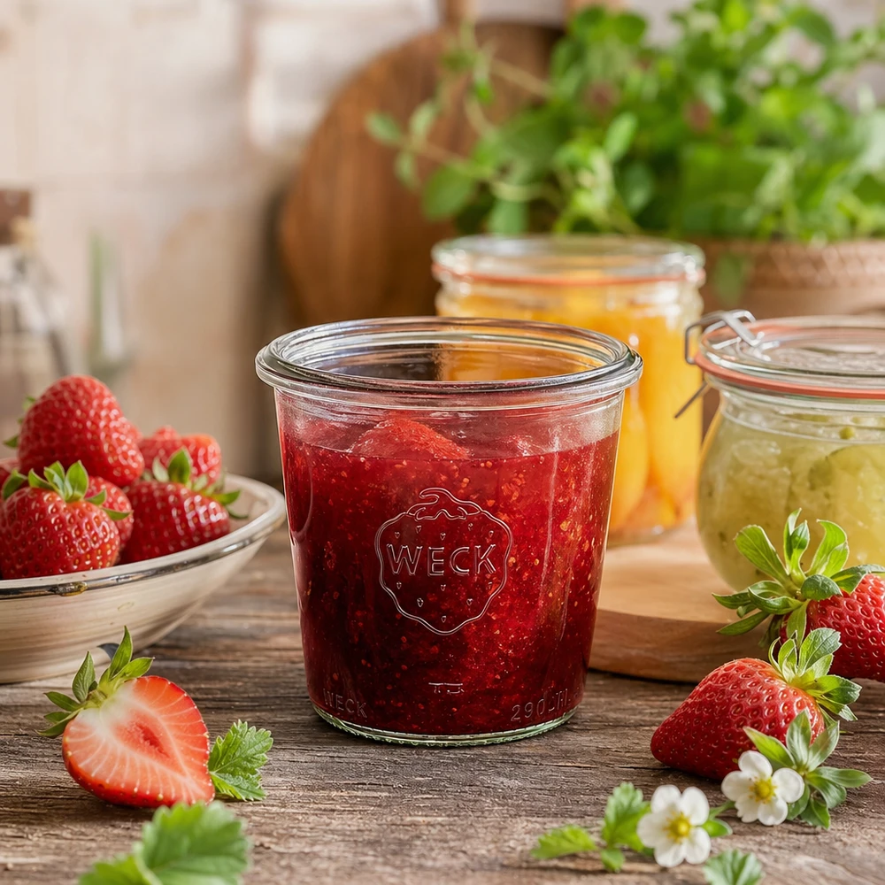 Frasco de vidro alto de 290 ml WECK RR80 Frasco WECK RR80 de 290 ml cheio de compota de morango ao lado de morangos frescos numa mesa de madeira cozinha rústica