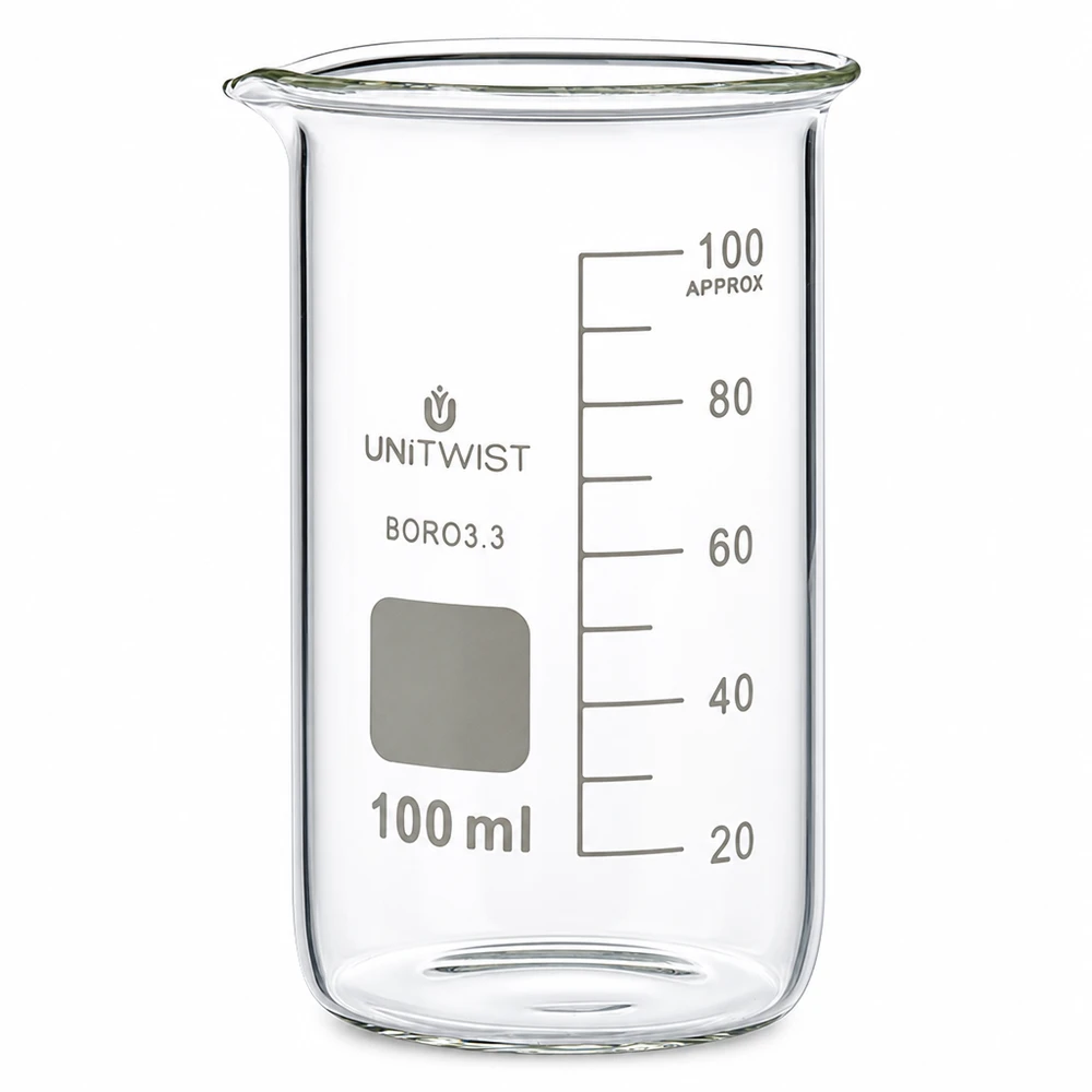 Copo 100 ml de borossilicato, forma alta UNiTWIST Copo de laboratório de 100 ml, formato alto, em vidro borossilicato transparente, com escala em mililitros, da UNITWIST
