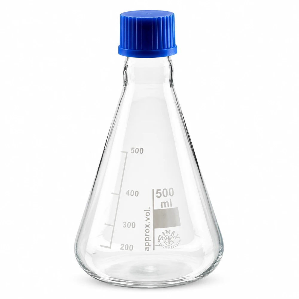Frasco Erlenmeyer 500ml com tampa de rosca Frasco Erlenmeyer de 500 ml em vidro com tampa de rosca azul para aplicações laboratoriais