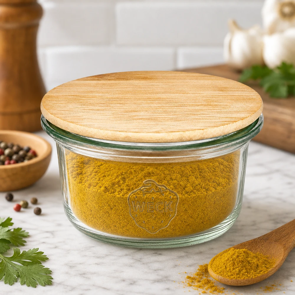Mini frasco de pedreiro WECK de 50 ml com tampa de madeira cheio de pó de especiarias amarelo na cozinha moderna com ervas aromáticas