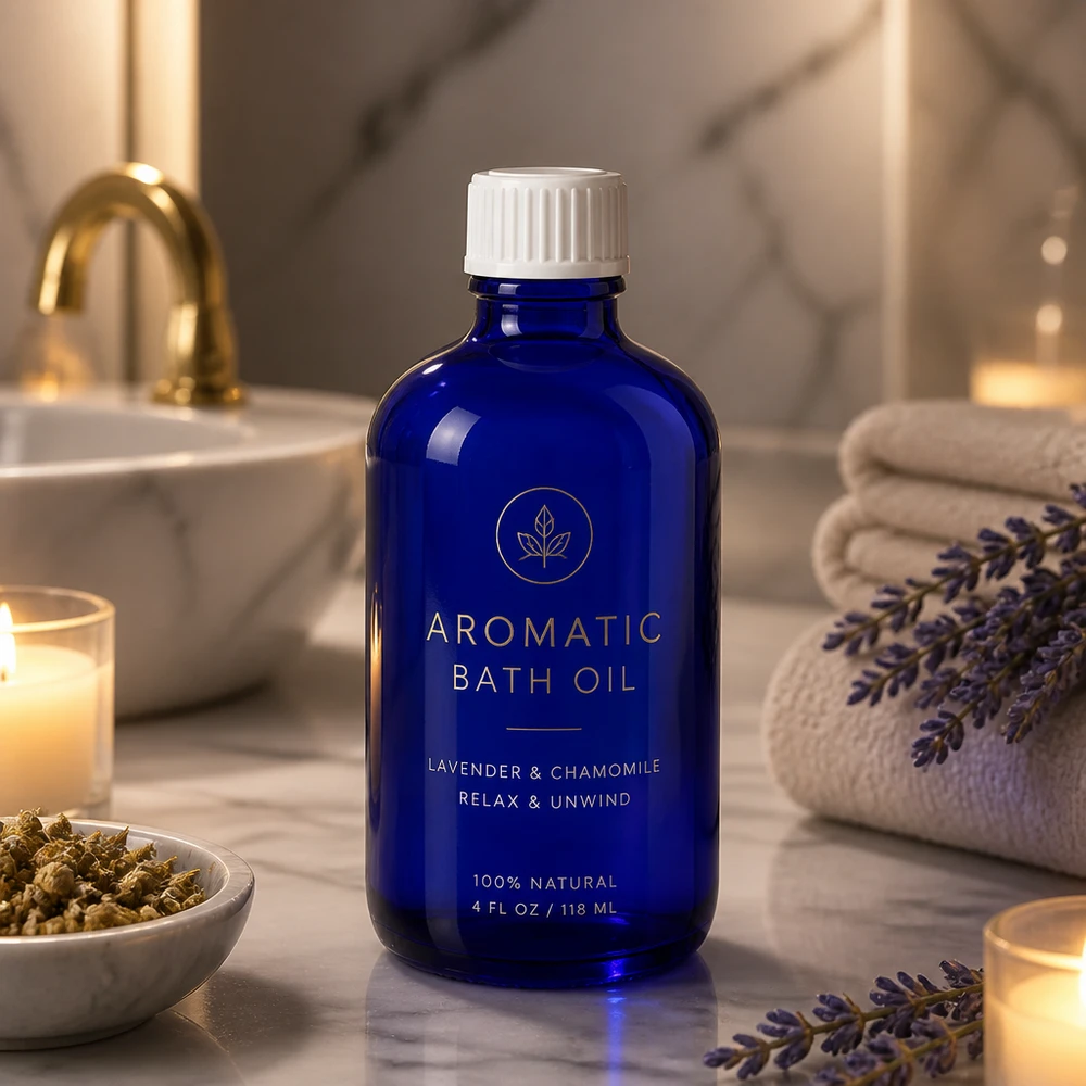 Frasco de vidro azul de 100 ml com tampa dosadora branca para óleos essenciais e aromaterapia