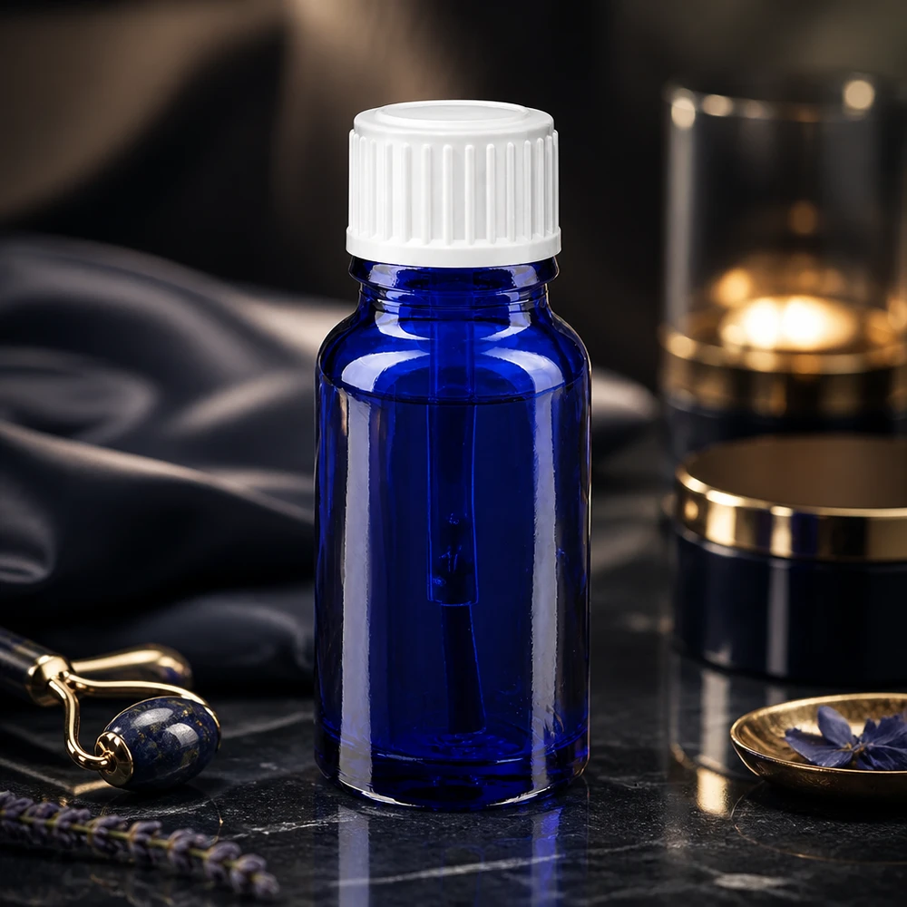 Frasco de vidro STD azul-escuro de 10 ml com tampa de pincel branca para aplicações cosméticas