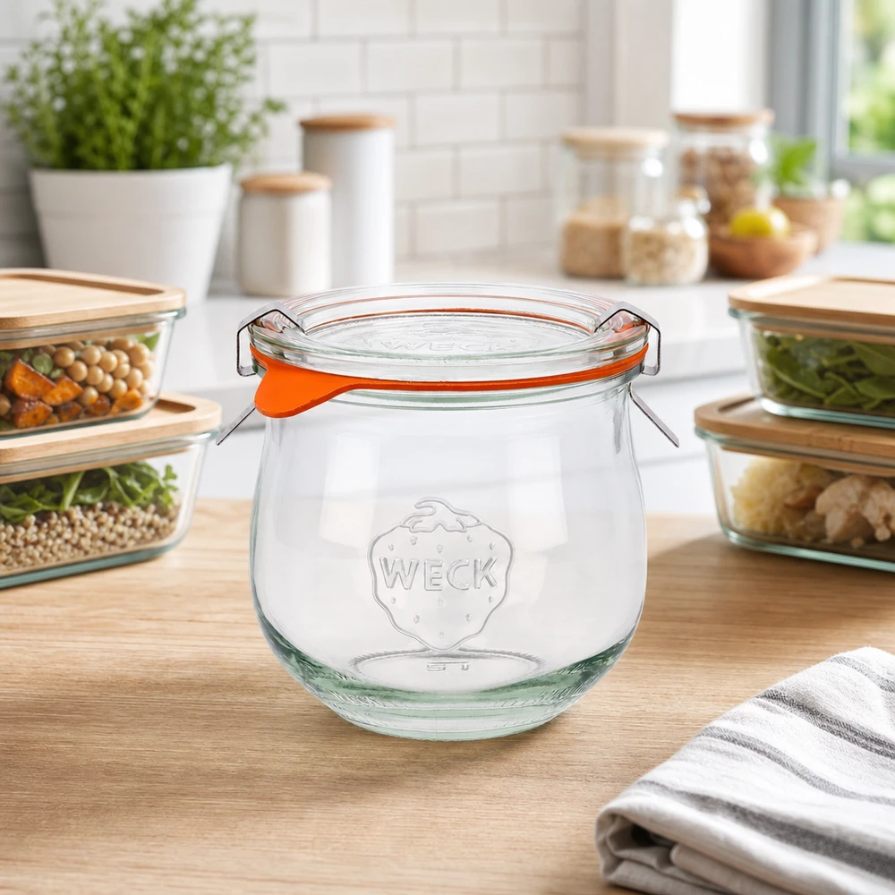 Jarro de tulipas WECK 370ml RR80 com tampa basculante sobre bancada de madeira em cozinha moderna entre taças de vidro