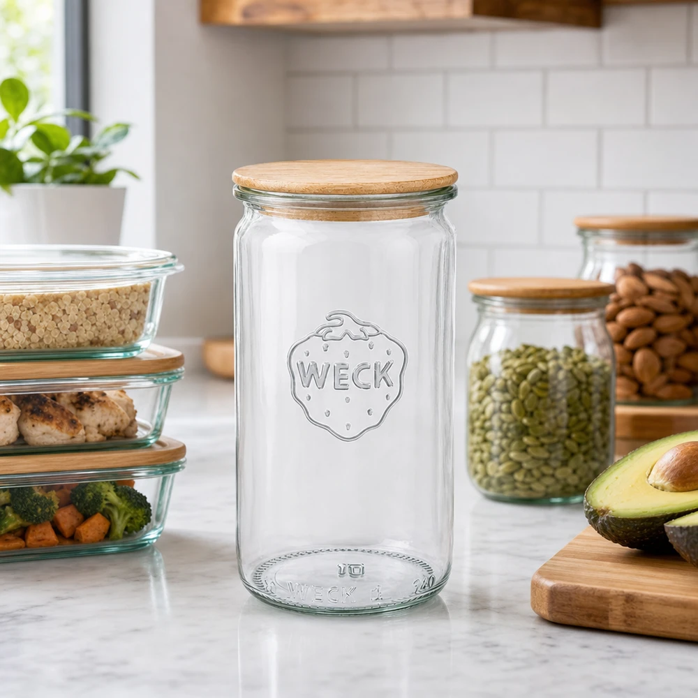 340ml Zylinderglas WECK RR60 mit Holzdeckel Frasco cilíndrico WECK 340ml RR60 com tampa de madeira em ambiente de cozinha junto a recipientes de preparação de refeições e frascos de arrumação