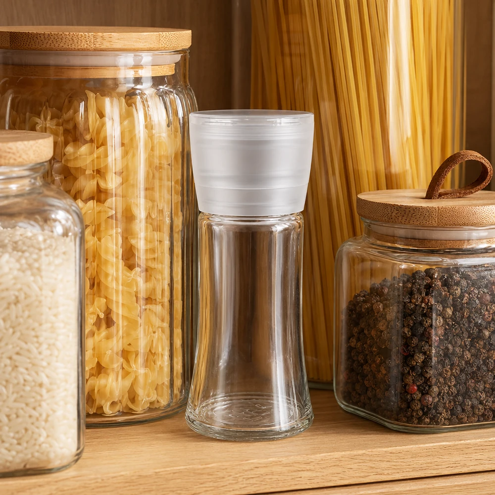 Frasco para sal/especiarias de 95 ml com moinho Vario branco Frasco para especiarias de 95 ml com moinho branco Vario na prateleira da cozinha, entre a massa, o arroz e os grãos de pimenta