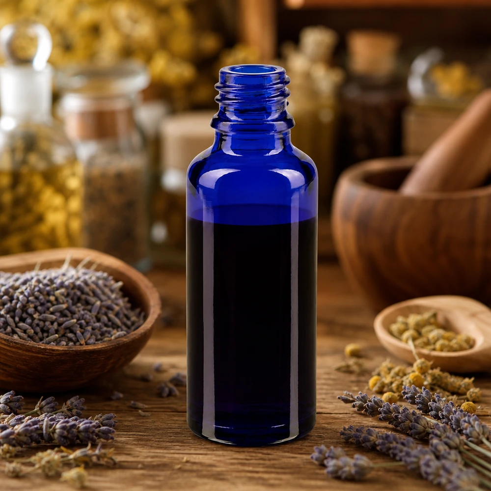 Frasco conta-gotas 30ml DIN 18 BLAUGLAS Frasco azul ApoGlas de 30 ml entre lavanda, camomila e um almofariz de madeira, num ambiente rústico de ervas aromáticas