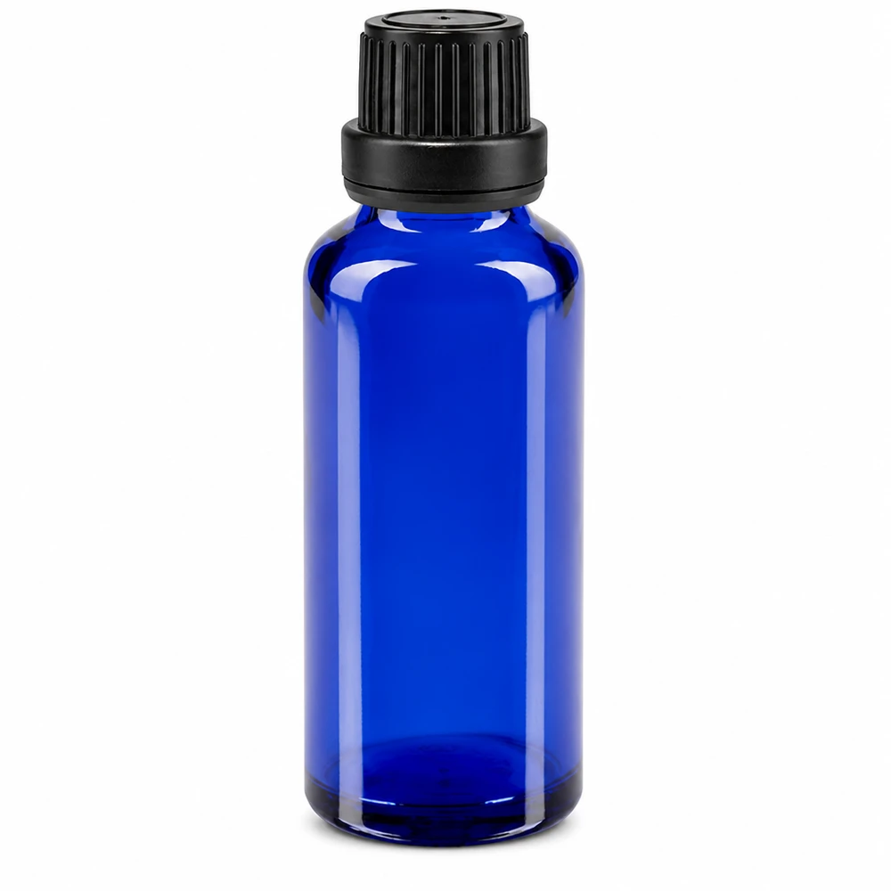 Frasco de vidro azul de farmácia de 30 ml com tampa de segurança preta e aplicador conta-gotas de 2 mm