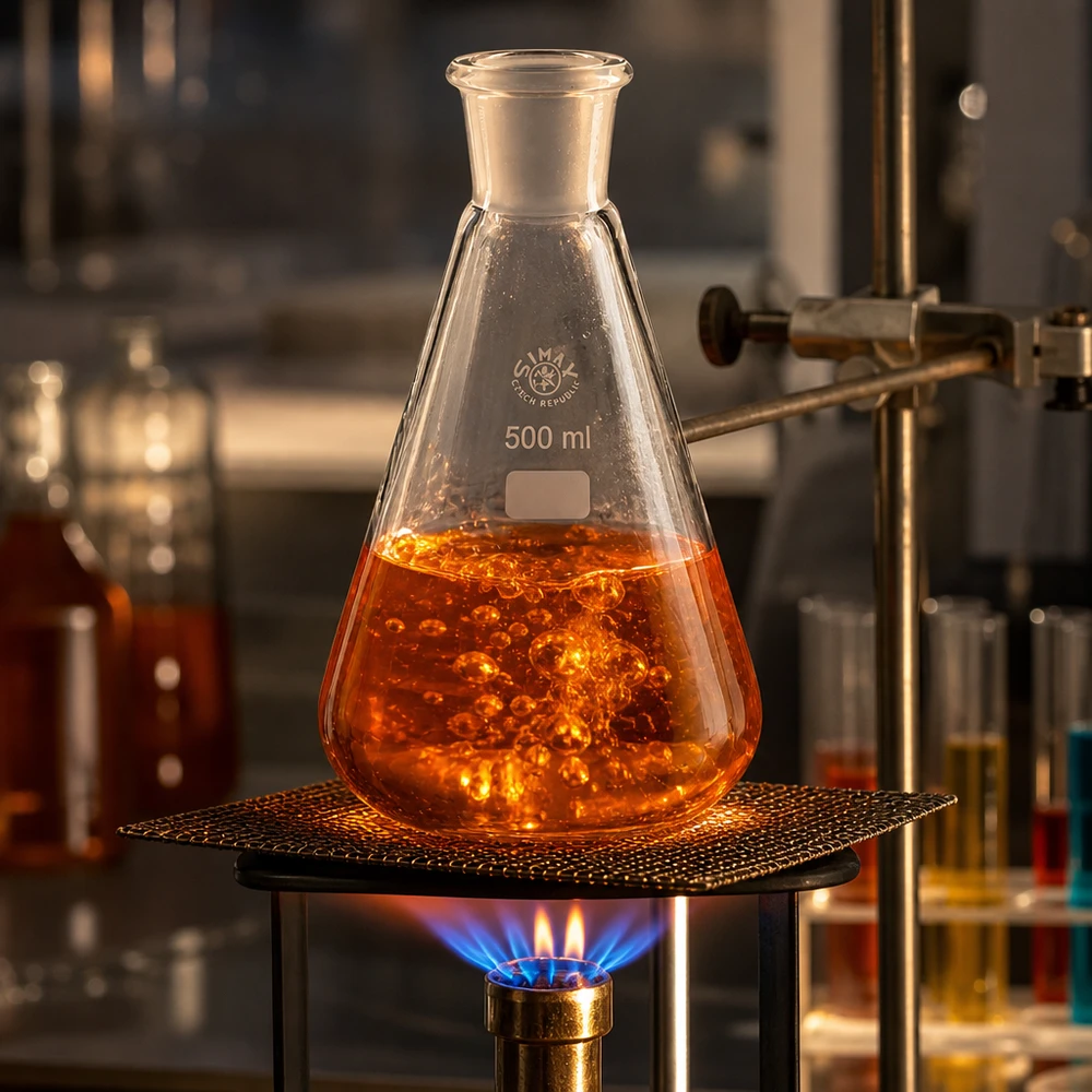 Frasco Erlenmeyer 500ml com junta esmerilada padrão (29/32) Erlenmeyer de 500 ml com solução de reação laranja no bico de Bunsen no laboratório de química