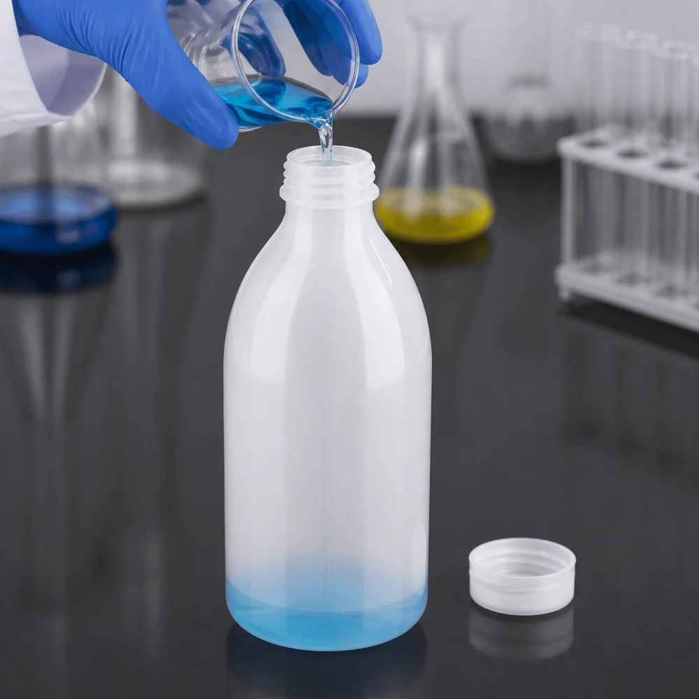 Frasco de laboratório de gargalo estreito de 250 ml, sem tampa, com um líquido azul, num laboratório profissional