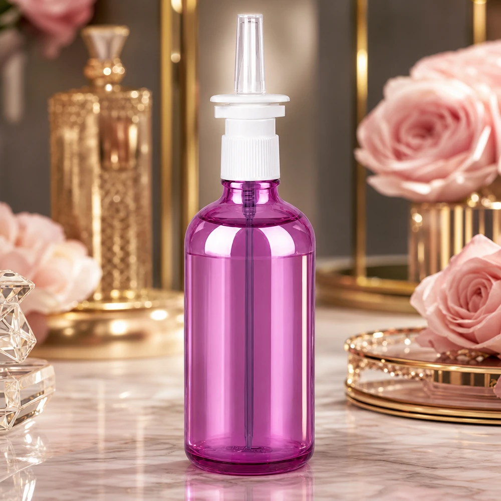 Frasco de spray nasal de 100 ml branco/transparente padrão PurpleLine UT18/100 Frasco de spray nasal ergonómico de 100 ml em roxo elegante com sistema de pulverização preciso para uma dosagem fácil