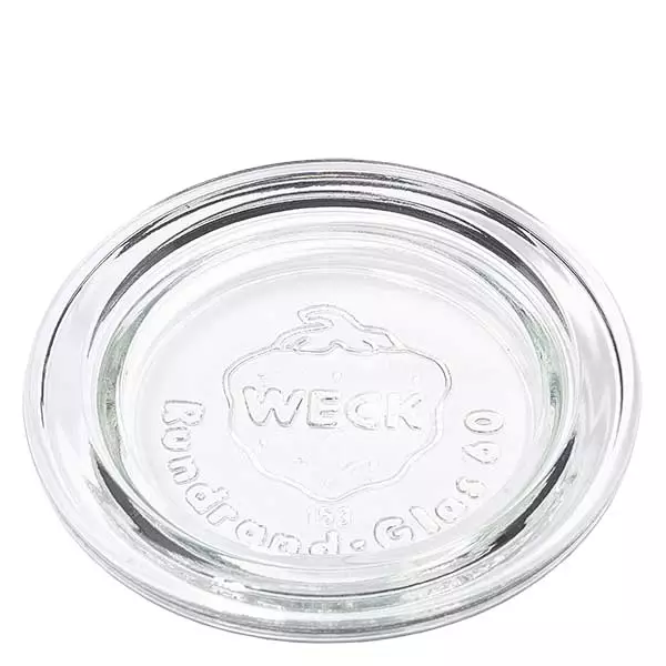 Tampa de frasco WECK RR60 Tampa de vidro WECK RR60 redonda transparente com logótipo em relevo para frascos de conserva e frascos de conserva