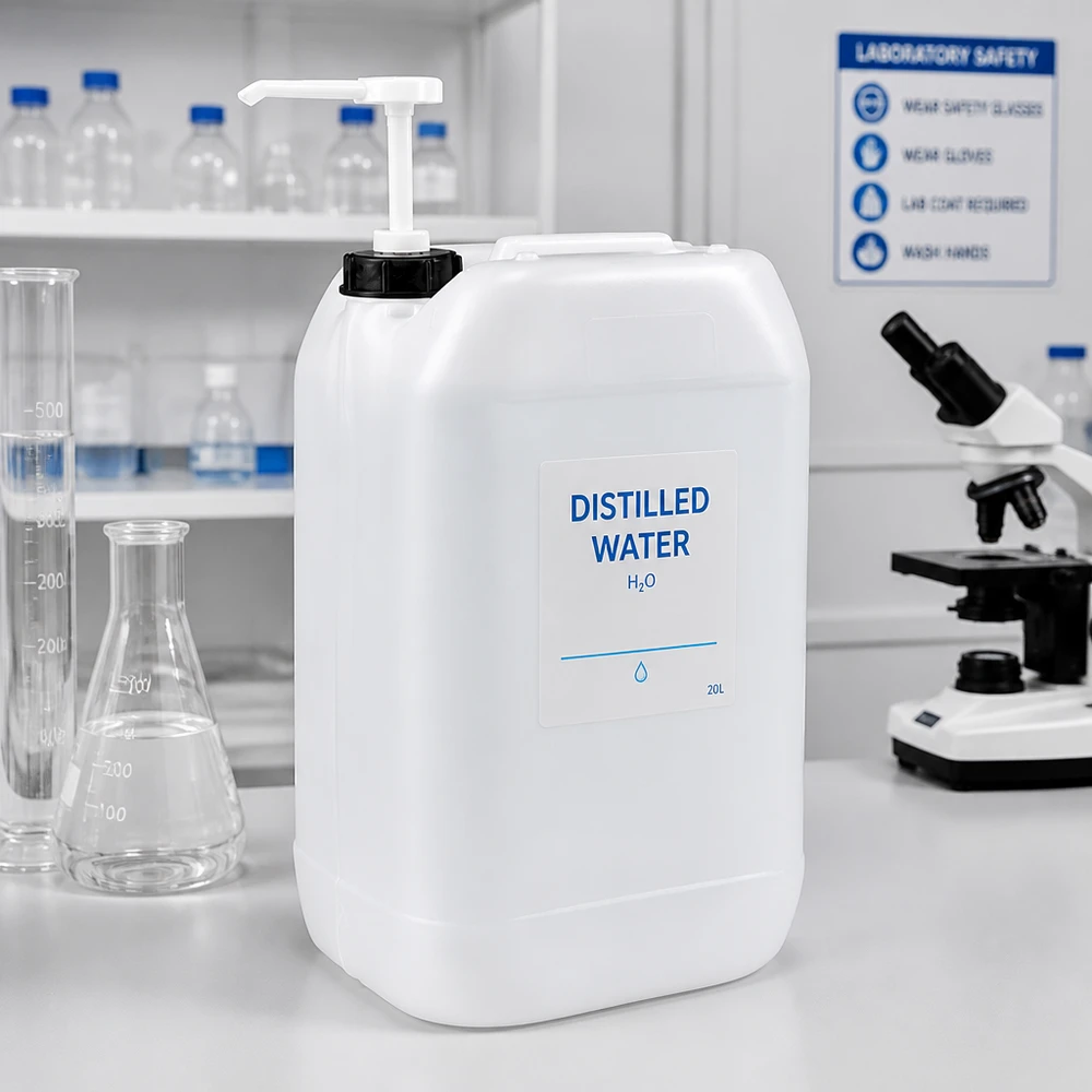 Recipiente de 15 litros com bomba dosadora num ambiente de laboratório, junto ao microscópio e ao frasco de Erlenmeyer