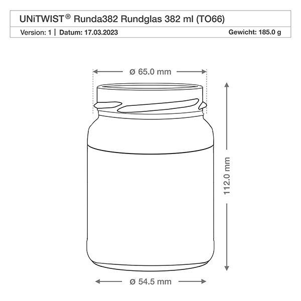 Frasco redondo de 382 ml sem tampa (TO66) UNiTWIST UNiTWIST Runda382 vidro redondo 382ml TO66 desenho técnico com dimensões Diâmetro 65mm Altura 112mm Peso 185g