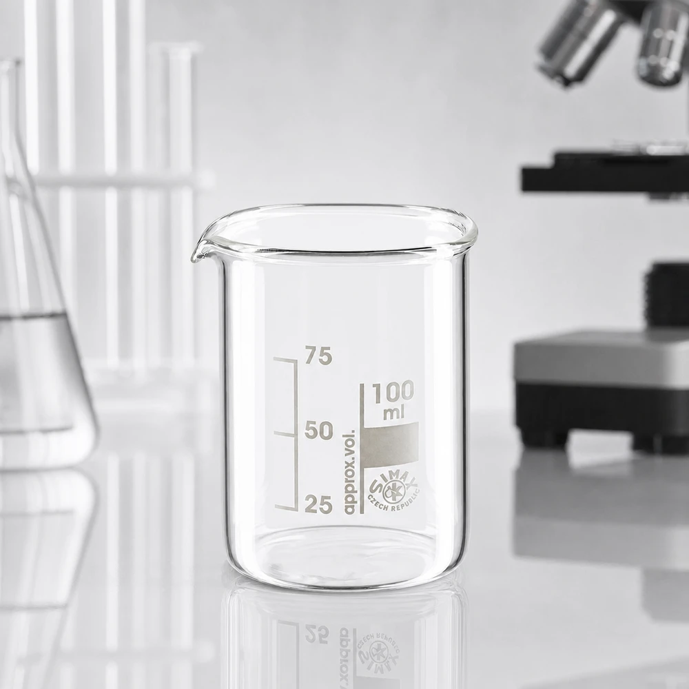 Copo 100 ml de vidro borossilicato, forma baixa Copo transparente de 100 ml com molde baixo em vidro borossilicato para aplicações químicas no laboratório