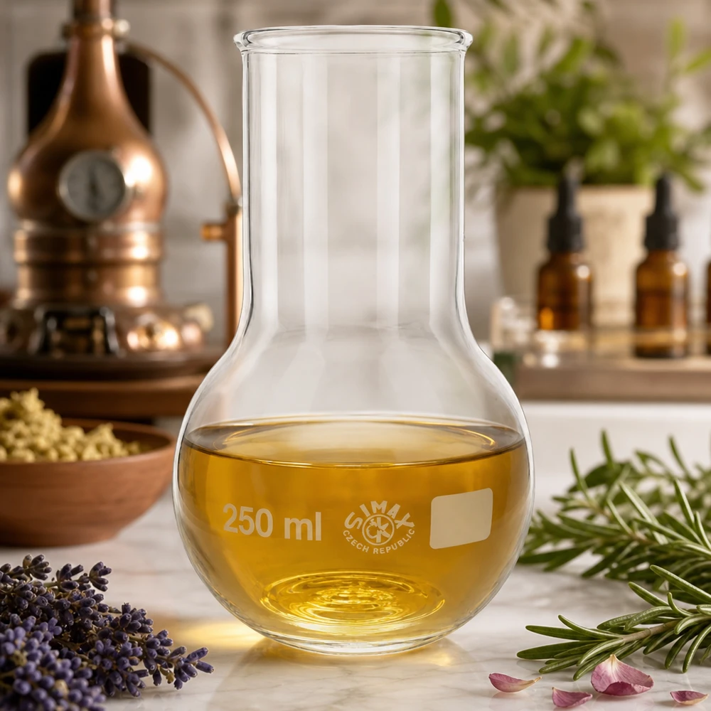 Balão de 250 ml com conteúdo dourado e gargalo largo para destilação e experiências laboratoriais