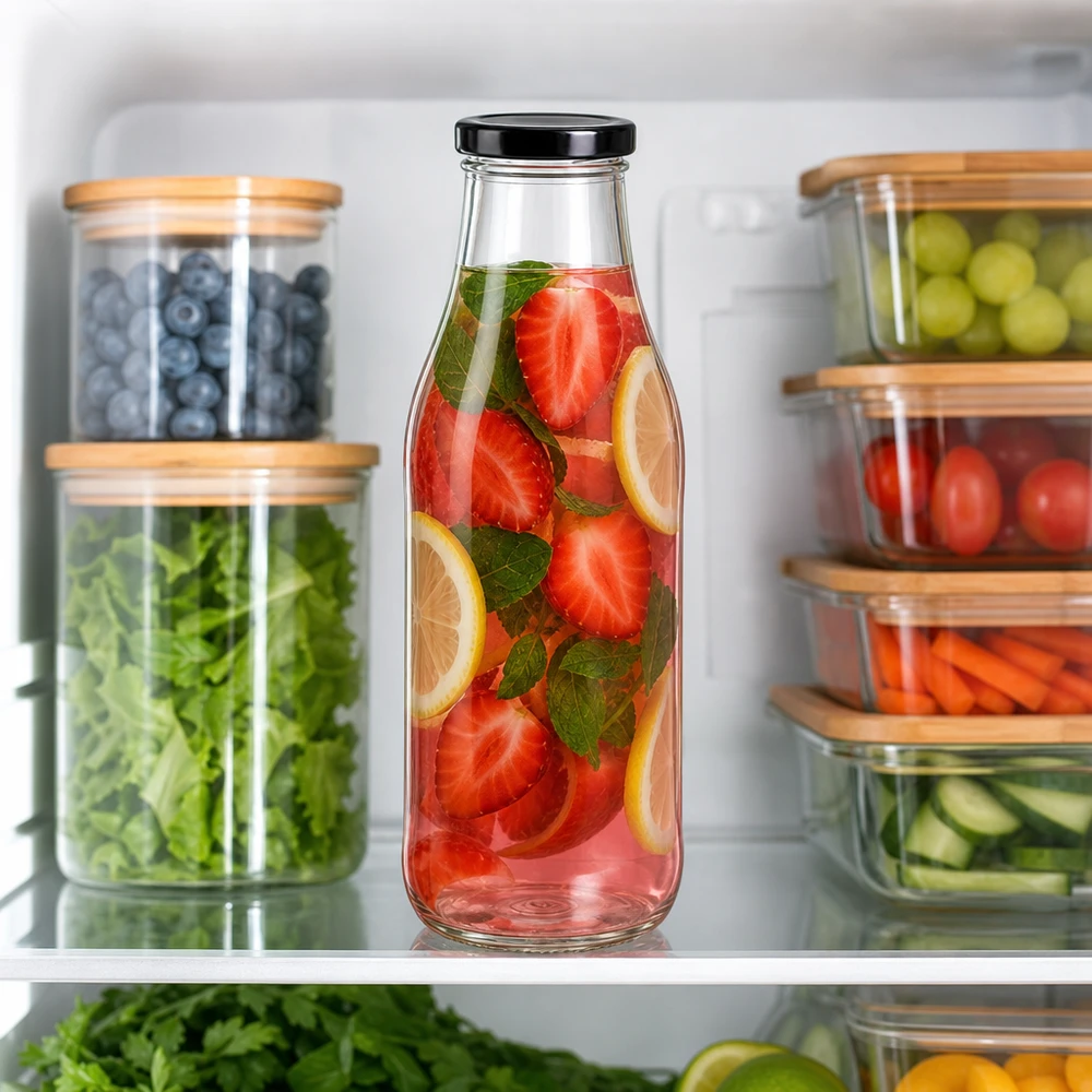 Garrafa de vidro de 1000 ml + tampa BasicSeal preta UNiTWIST 1000ml Glasflasche mit Erdbeer-Zitronen-Getränk im Kühlschrank zwischen organisierten Lebensmittelbehältern