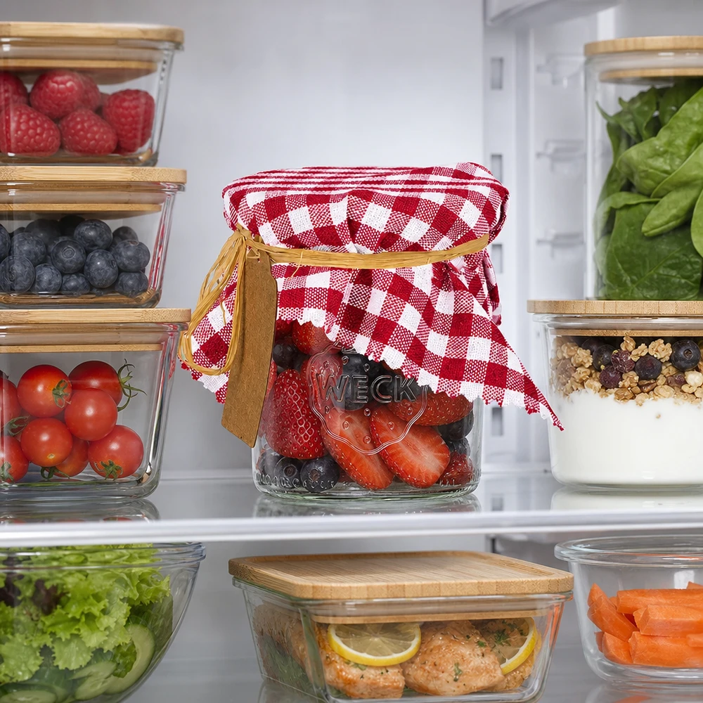 Frigorífico com frascos de arrumação e tampa em tecido xadrez bordeaux de 15 cm - alimentos frescos organizados com estilo