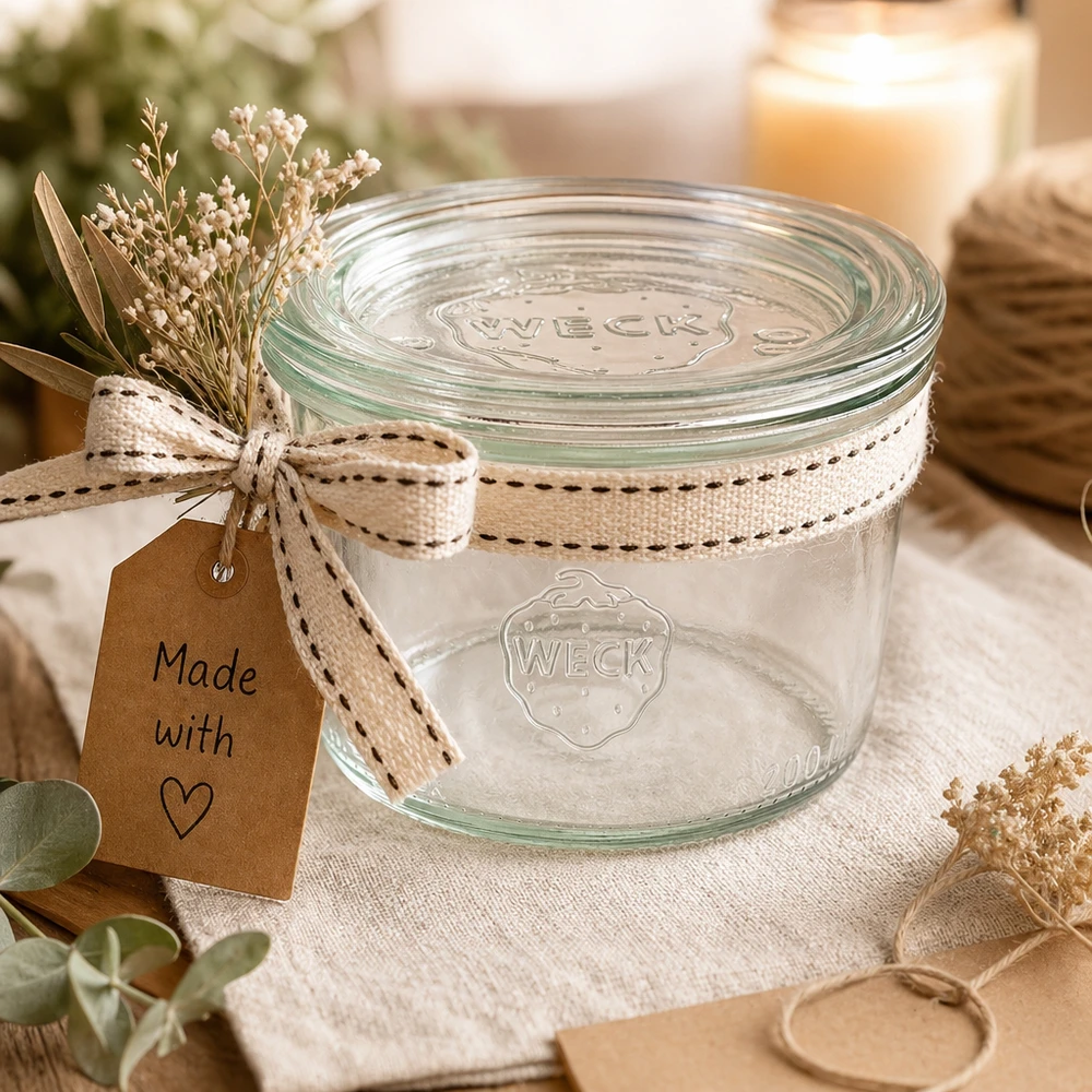 Copos WECK 200ml RR80 como presente, decorados com fita e etiqueta Made with Love