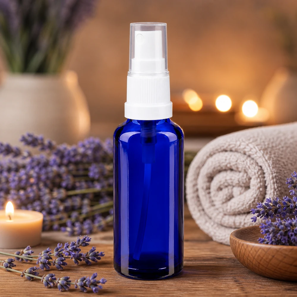 Pequeno frasco pulverizador de 30 ml, em vidro farmacêutico com proteção UV, na cor azul cobalto, com pulverizador branco