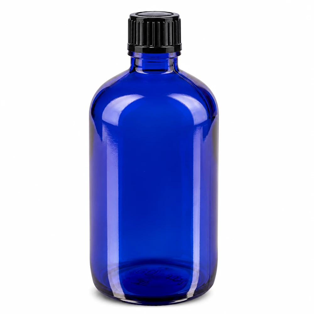 Frasco de vidro azul de farmácia de 100 ml com tampa de rosca preta e conta-gotas de 1 mm