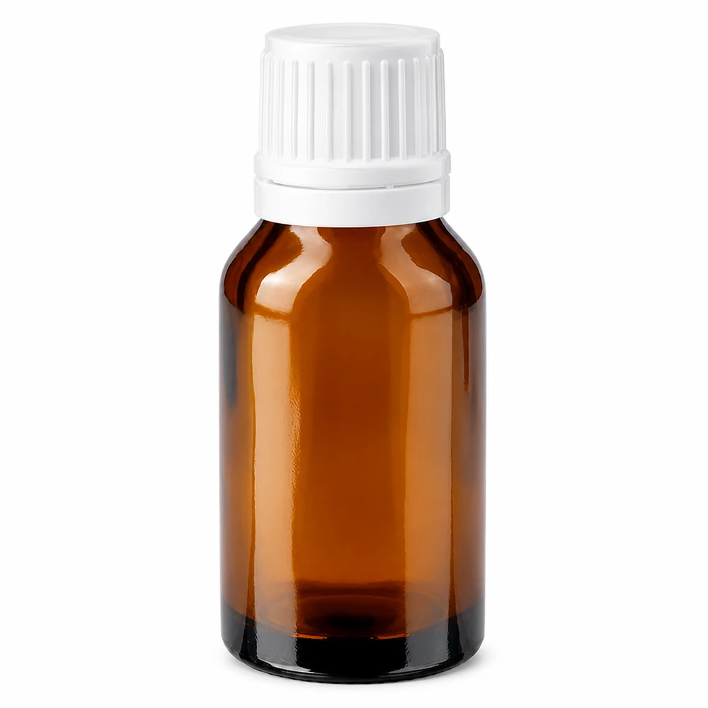 Frasco de vidro castanho de farmácia com 30 ml, com tampa de rosca branca e selo de segurança