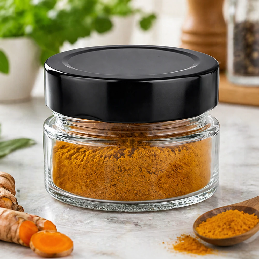 Frasco redondo de 80 ml com tampa BasicSeal preta cheio de curcuma em pó Especiarias Ambiente de cozinha Exemplo de utilização
