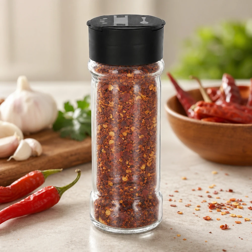 Frasco para sal/especiarias de 100 ml com espalhador duplo, preto Frasco de especiarias de 100 ml cheio de flocos de malagueta e com tampa com espalhador preta, em cima da bancada da cozinha