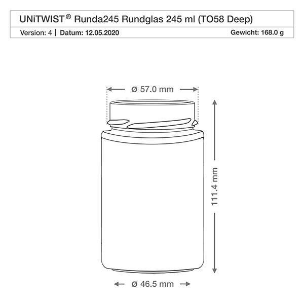 Frasco redondo de 245ml sem tampa (TO58deep) UNiTWIST UNiTWIST Runda245 vidro redondo 245ml TO58 Desenho técnico profundo com dimensões 57mm diâmetro 111,4mm altura 168g