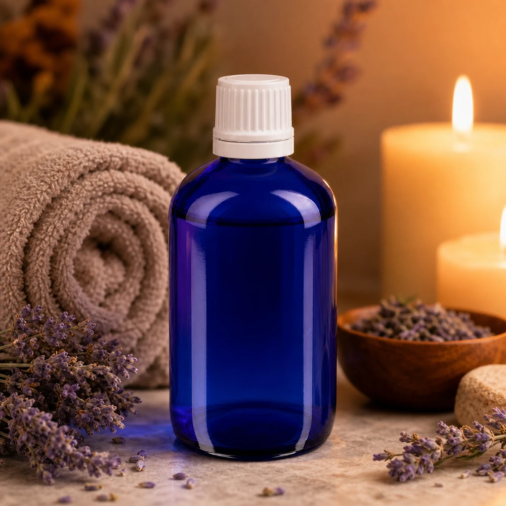 Frasco de farmácia azul 100ml tampa de rosca branca fecho inviolável Frasco de vidro azul de 100 ml com tampa conta-gotas branca, rodeado por flores de lavanda e velas