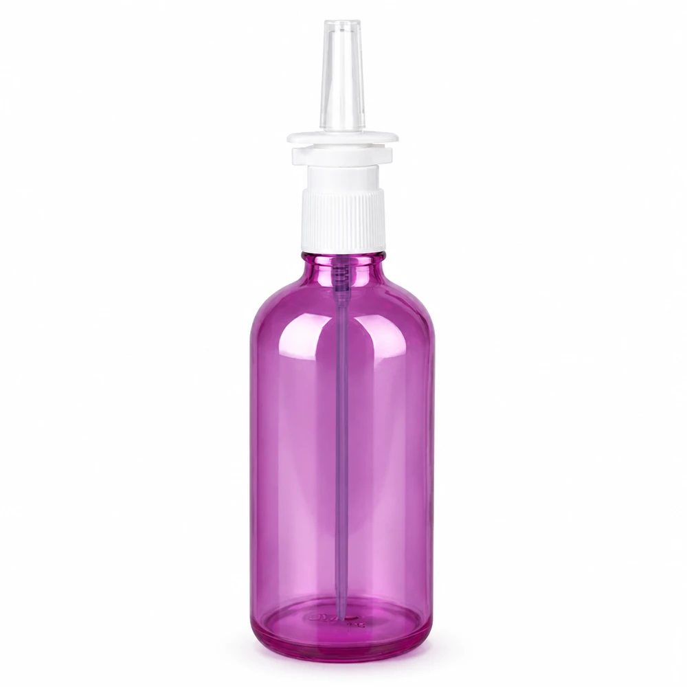 Frasco de spray nasal de 100 ml branco/transparente padrão PurpleLine UT18/100 Frasco de spray nasal de 100 ml transparente de cor púrpura com acessório de spray branco com rosca UT18 PurpleLine