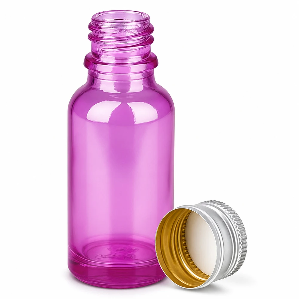 Frasco de vidro violeta de 20 ml com tampa de rosca em alumínio prateado para aromaterapia e perfumes