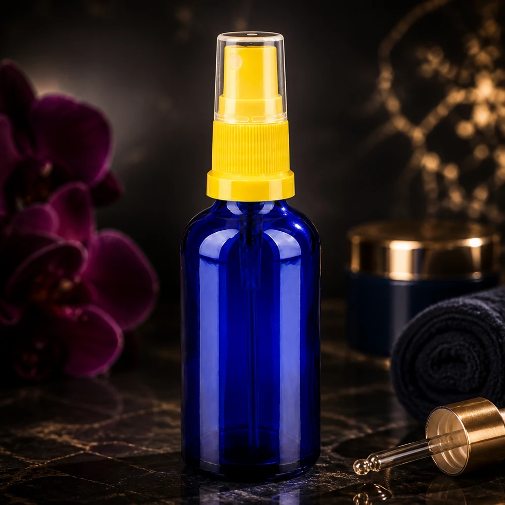 Frasco spray de 50ml amarelo/transparente tampa standard BlueLine UT18/50 Pequeno frasco de spray de 50 ml em vidro azul com proteção UV e rosca UT18 para soros