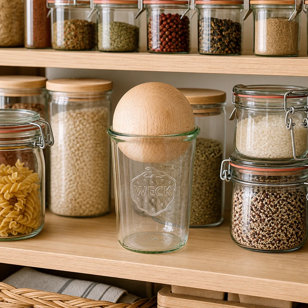 Copos de vidro de 850ml WECK RR100 com bola de madeira faia Copos WECK RR100 de 850 ml com bola de madeira de faia numa cozinha organizada entre frascos de especiarias e latas de arrumação.