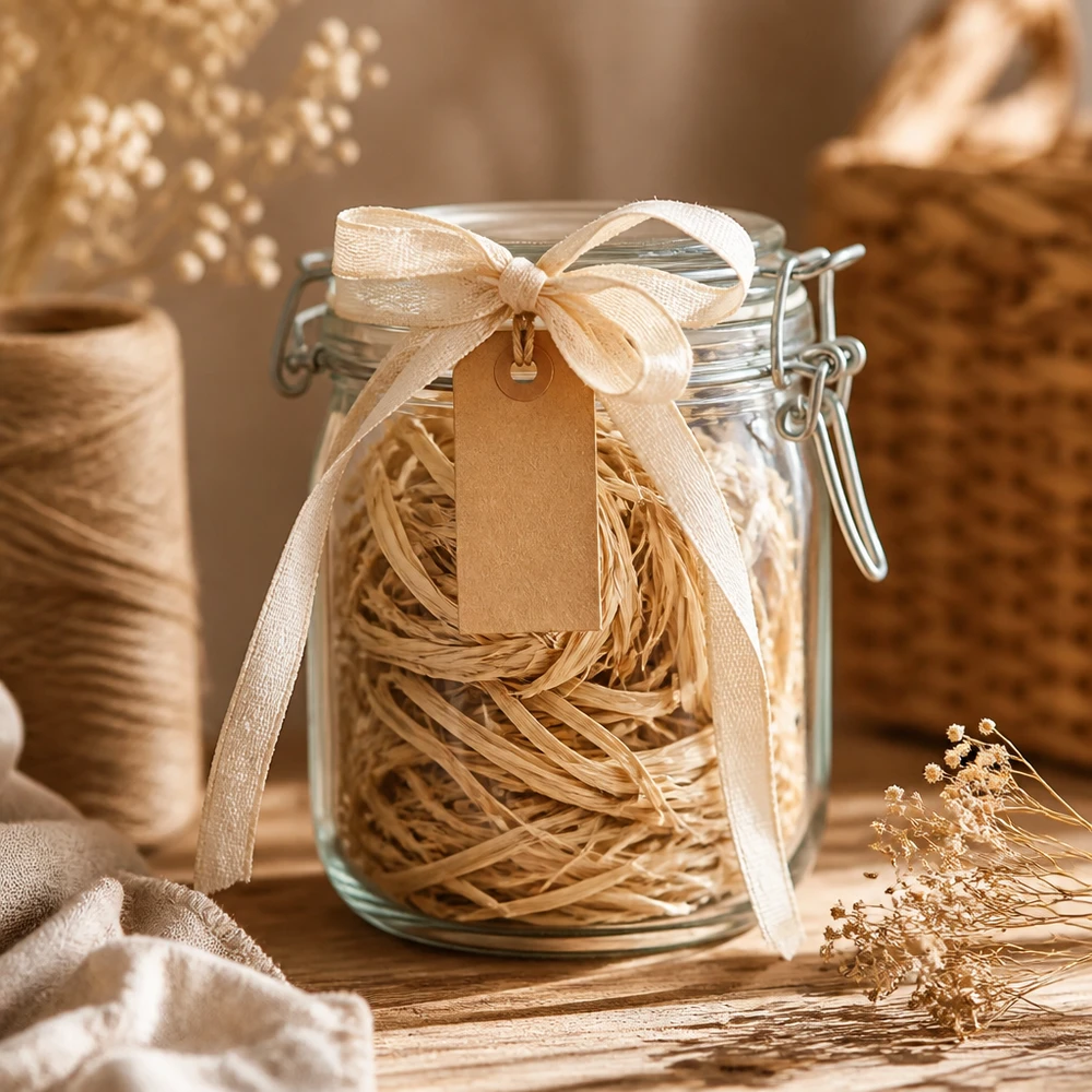 Corda natural para decoração, 30 g Ráfia natural 30g num frasco de conserva com fita e etiqueta como ideia de presente para projectos criativos de artesanato e decoração